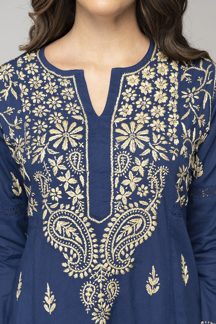 Chikankari Kaftan in Bijou Blue